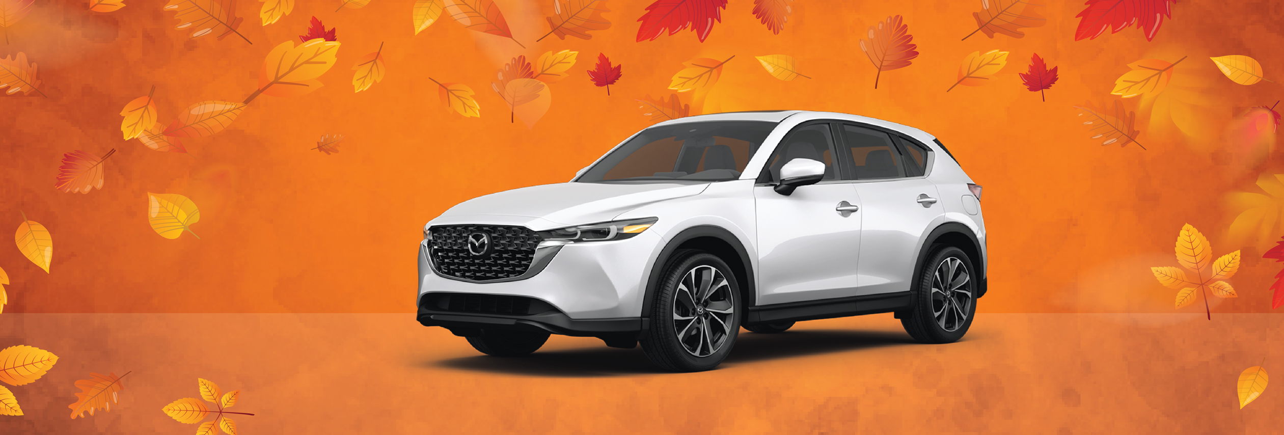 White SUV with falling leaves to promote car buying service with FMFCU and TrueCar