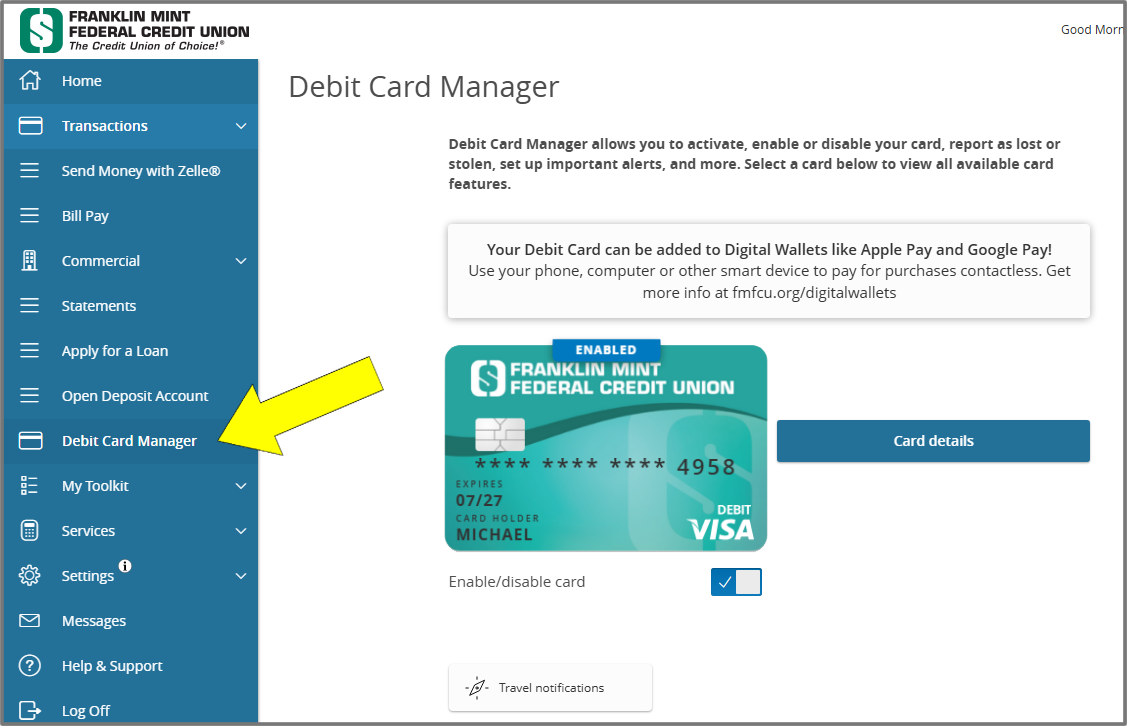 Debit Card Manager location under Menu in the navigation